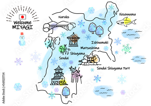 冬の宮城県の観光地のシンプル線画イラストマップ