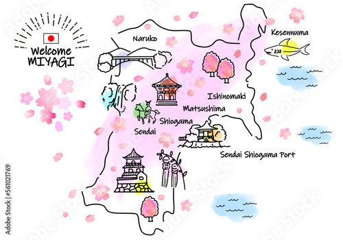 春の宮城県の観光地のシンプル線画イラストマップ（ピンク）