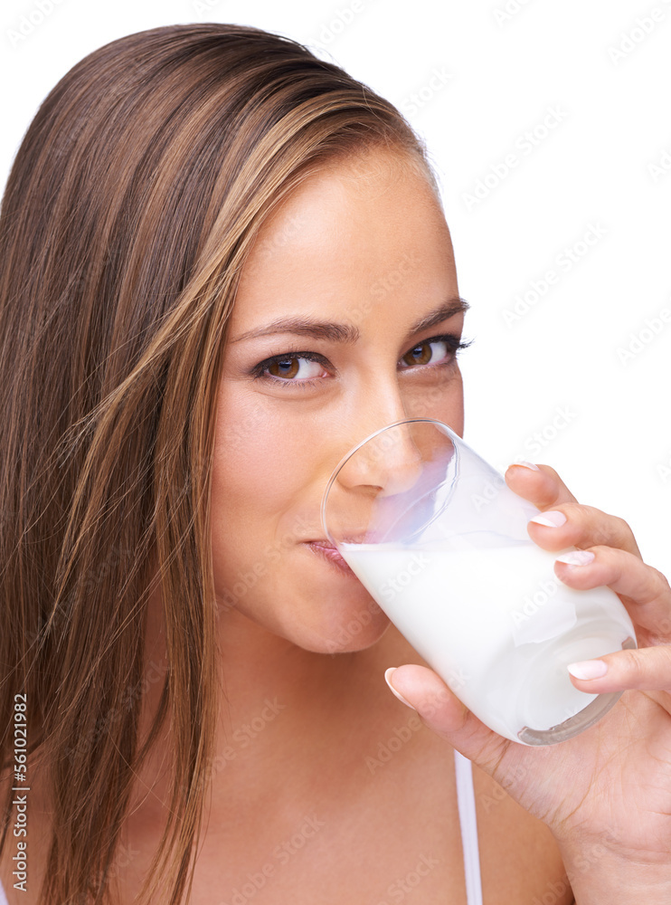 Portrait, milk drink and happy woman in studio, isolated white background or healthy diet. Face of female model, glass and fresh dairy for breakfast, protein and calcium, organic wellness or vitamins Portrait, milk drink and happy woman in studio, isolated white background or healthy diet. Face of female model, glass and fresh dairy for breakfast, protein and calcium, organic wellness or vitamins