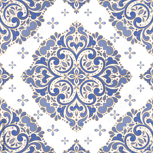 Blue and white damask vector seamless pattern. Vintage, paisley elements. Traditional, Turkish motifs. Great for fabric and textile, wallpaper, packaging or any desired idea.