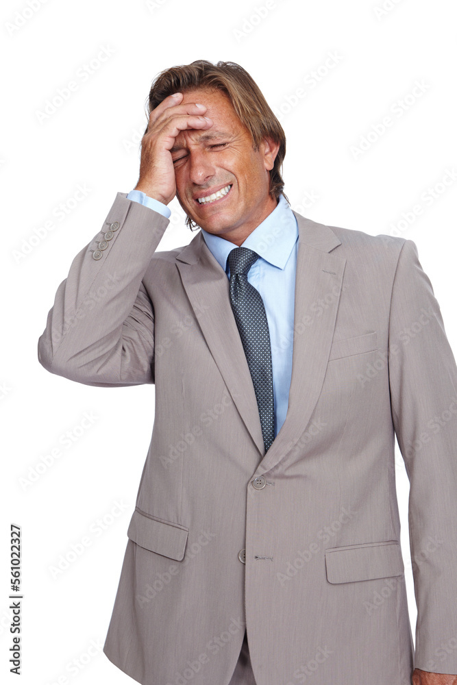 Business man, headache with pain and corporate burnout, ceo and executive isolated against white background. Professional, mistake or problem with mental health, fatigue with crisis and job stress Business man, headache with pain and corporate burnout, ceo and executive isolated against white background. Professional, mistake or problem with mental health, fatigue with crisis and job stress