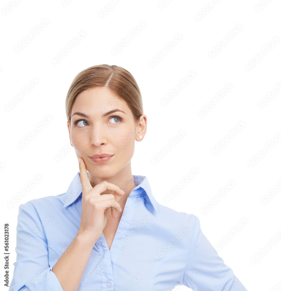 Business woman, thinking and idea on a white background with space for marketing and advertising. Face of a female entrepreneur in studio brainstorming ideas, choice or decision for startup Business woman, thinking and idea on a white background with space for marketing and advertising. Face of a female entrepreneur in studio brainstorming ideas, choice or decision for startup