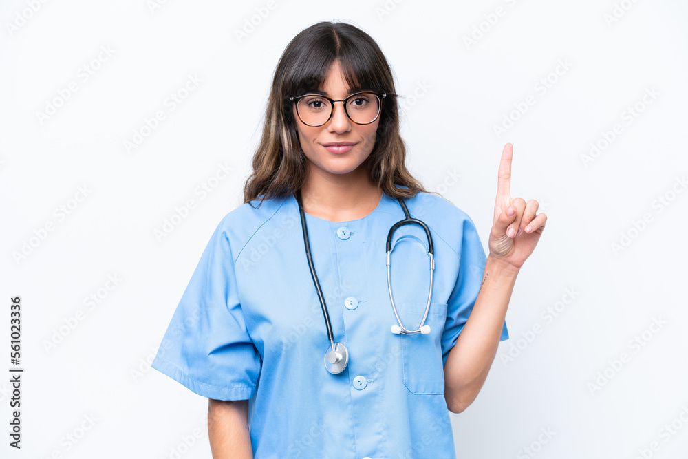 Young caucasian nurse woman isolated on white background showing and lifting a finger in sign of the best Young caucasian nurse woman isolated on white background showing and lifting a finger in sign of the best
