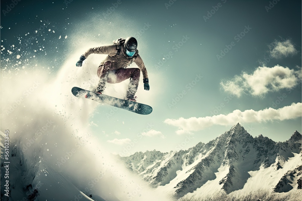 Snowboarder at jump inhigh mountains, ai generated
