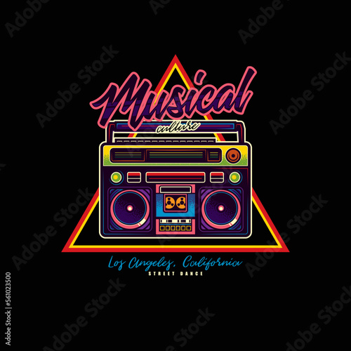 Original vector logo in neon style. An old cassette player. Boombox. T-shirt design, design element.