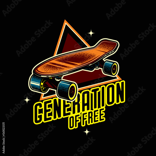 Original vector retro emblem. Vintage skateboard on the background of a text composition. T-shirt design