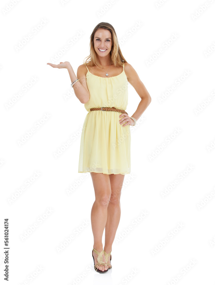 Woman, studio portrait and marketing hand with smile, yellow fashion dress and white background. Isolated young model, clothes and happy with copy space, beauty and product placement with open palm Woman, studio portrait and marketing hand with smile, yellow fashion dress and white background. Isolated young model, clothes and happy with copy space, beauty and product placement with open palm
