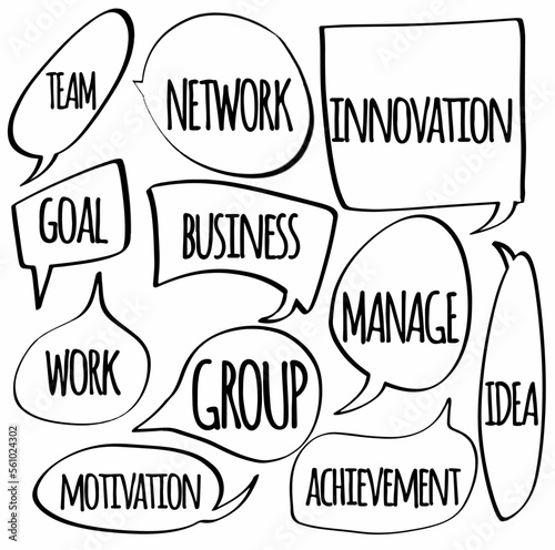 set hand drawn speech bubbles of TEAM, GOAL, WORK, NETWORK, BUSINESS, GROUP, INNOVATION, MANAGE, IDEA, MOTIVATION, ACHIEVEMENT. vector design illustration