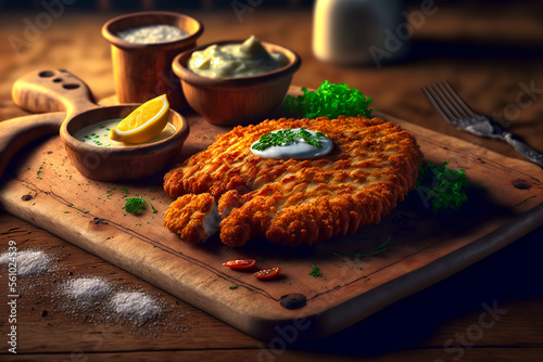 tasty breaded fried schnitzel served on wooden chopping board with scattered ingredients and sauce photo