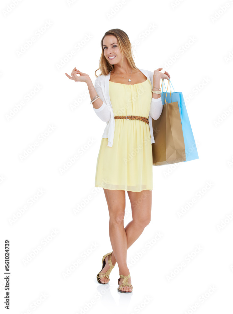 Shopping bag, studio and woman pointing for marketing, promotion or advertising of sale or discount deal. Shopping, wealth and rich customer with product placement on white background or mockup space Shopping bag, studio and woman pointing for marketing, promotion or advertising of sale or discount deal. Shopping, wealth and rich customer with product placement on white background or mockup space