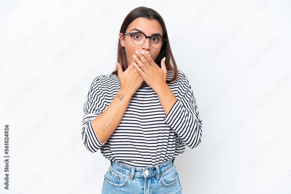 Young caucasian woman isolated on white background covering mouth with hands Young caucasian woman isolated on white background covering mouth with hands