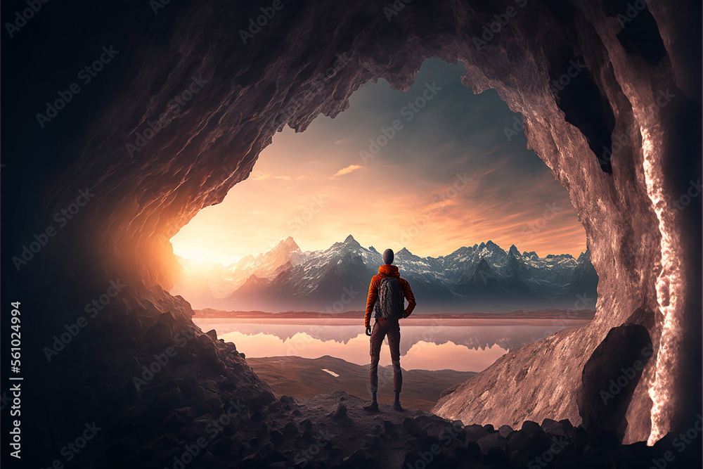 homem vendo por do sol em caverna vista pras montanhas lindas 