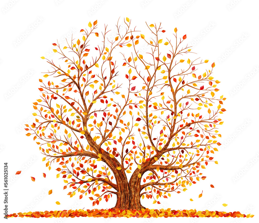 Autumn tree with falling leaves isolated on white background illustration.
