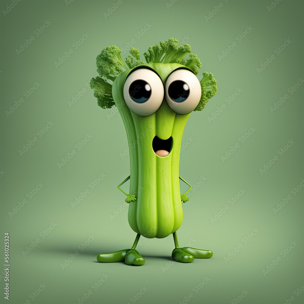Fototapeta premium Cute Cartoon Celery Character (Generative AI)