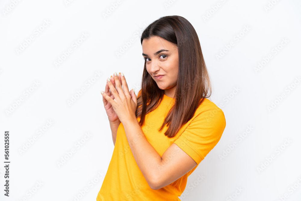 Young caucasian woman isolated on white background scheming something Young caucasian woman isolated on white background scheming something