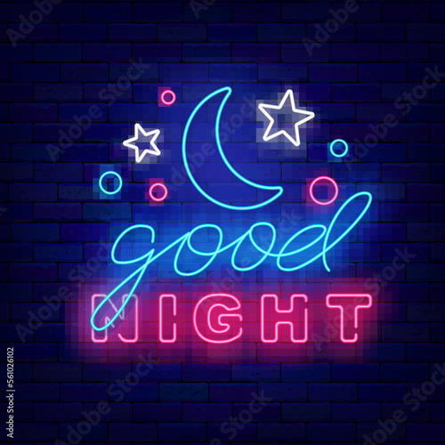 Good night neon signboard. Glowing invitation on brick wall. Dream wishing. Sleep concept. Vector stock illustration