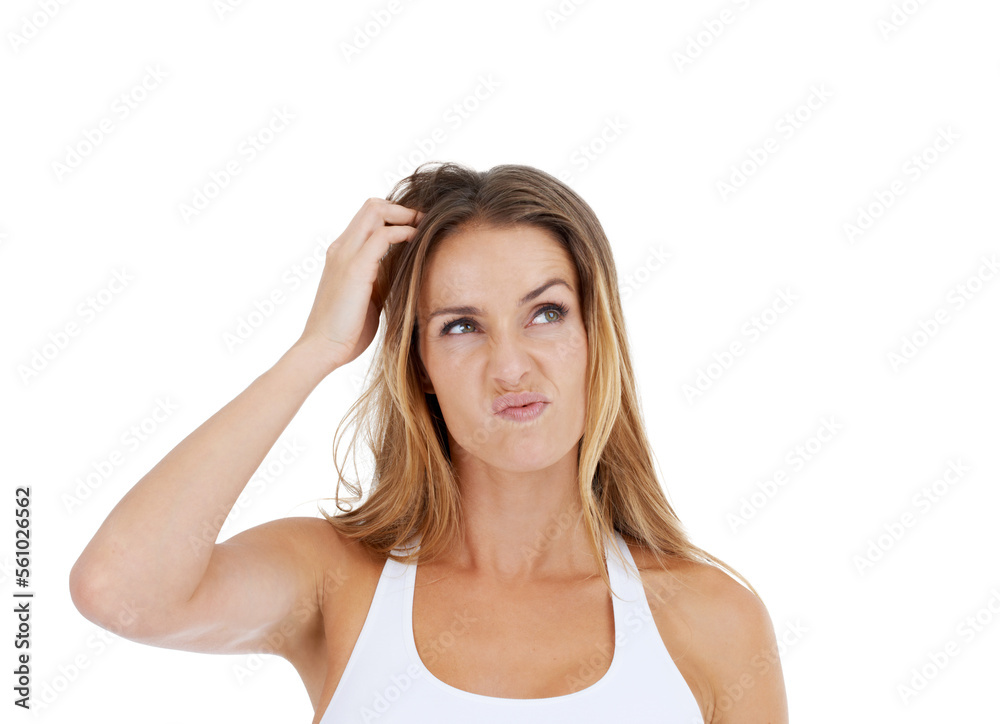 Thinking, confused and woman scratching her head in doubt and confusion isolated on white background. Idea, hair scratch and difficult choice for model in studio with frustrated expression on face.