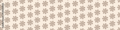 Wildflower seamless vector seamless border. Neutral beige brown naive meadow flowers banner. Hand drawn line art outline botanical design. Garden flower cottagecore aesthetic for packaging
