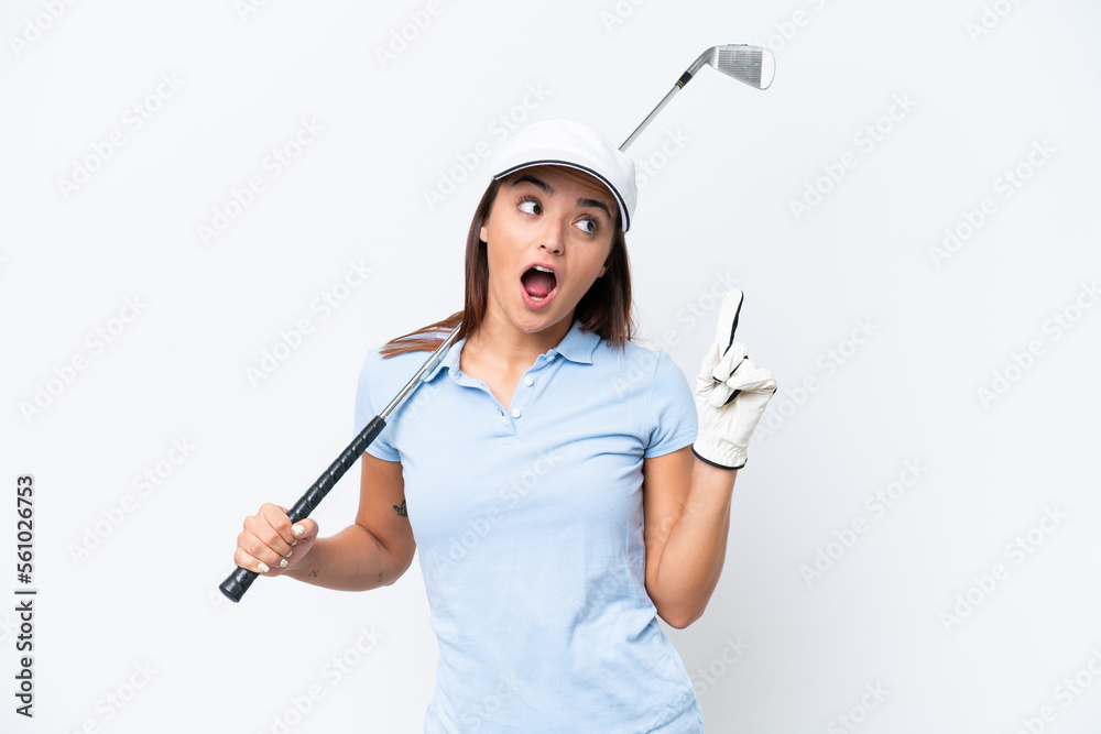 Young caucasian woman playing golf isolated on white background thinking an idea pointing the finger up Young caucasian woman playing golf isolated on white background thinking an idea pointing the finger up