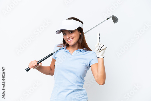 Young caucasian woman playing golf isolated on white background showing and lifting a finger in sign of the best