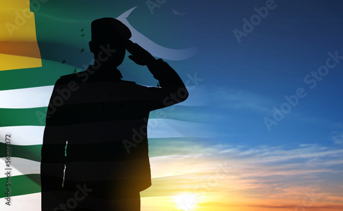 SIlhouette of saluting soldier on background of sunset and Kashmir Flag. Patriotic background. EPS10 vector