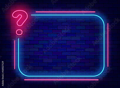 Quiz neon frame with question mark. Competition and exam concept. Trivia night design. Vector stock illustration