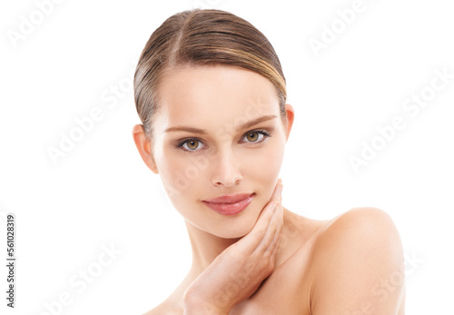 Skincare, beauty and portrait of woman in studio on white background for wellness, dermatology and luxury facial. Spa, aesthetic and girl with hands on face with cosmetics, makeup and beauty products