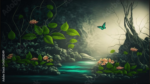Serene magical fantasy landscape illustration, Generative AI