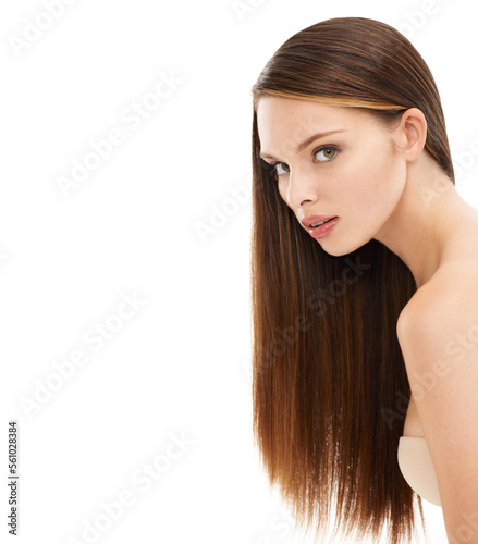 Woman, portrait and brunette hairstyle by white background mockup for keratin treatment, dye marketing or advertising. Beauty model, face and brown hair card on skincare or isolated mockup backdrop