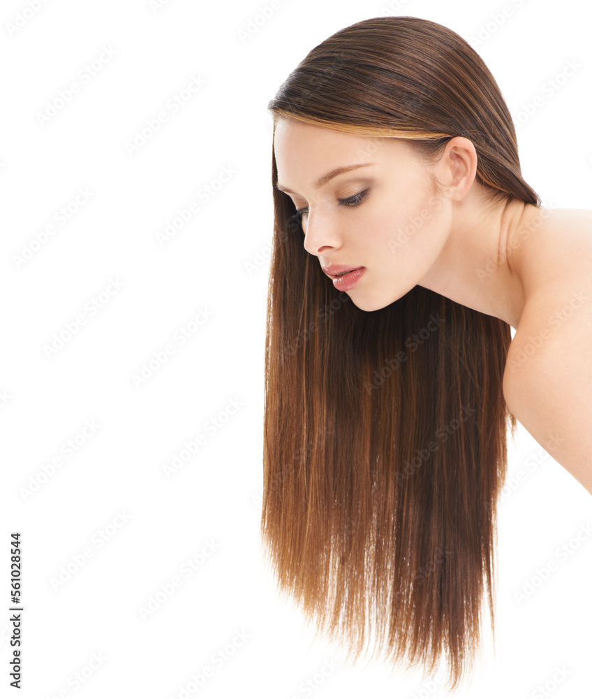 Fototapeta premium Beauty, hair care and young woman in studio with a cosmetic, long and shiny hair style. Wellness, natural treatment and female model with brunette hair isolated by white background with mockup space.