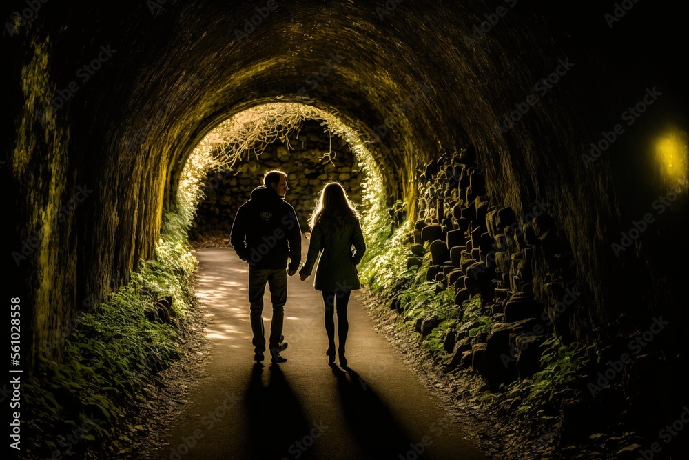 senior couple walking in the tunnel. Generative AI