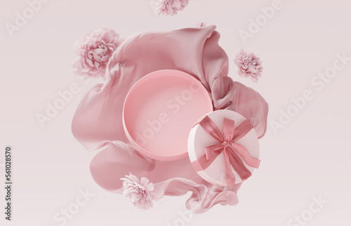Fototapeta Naklejka Na Ścianę i Meble -  3D background display, open gift box. Cosmetic product presentation. Nature pastel peony flower. Pink cloth on wind. Present for woman. 3D render feminine mockup. Valentines day or birthday banner