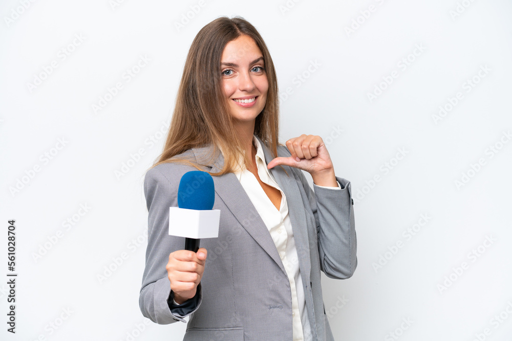 Young TV presenter caucasian woman isolated on white background proud and self-satisfied Young TV presenter caucasian woman isolated on white background proud and self-satisfied