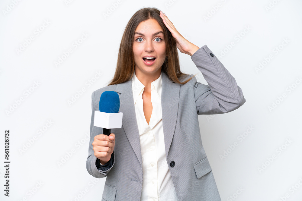Young TV presenter caucasian woman isolated on white background with surprise expression Young TV presenter caucasian woman isolated on white background with surprise expression