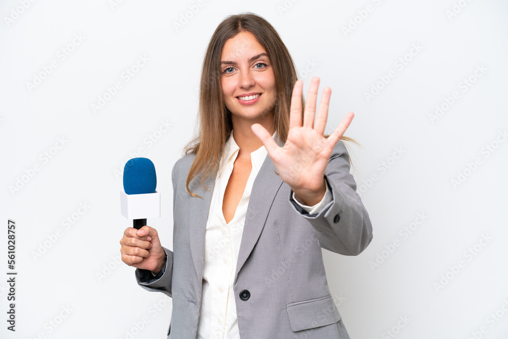 Young TV presenter caucasian woman isolated on white background counting five with fingers Young TV presenter caucasian woman isolated on white background counting five with fingers