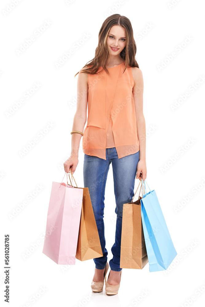 Woman, retail portrait and shopping packaging in studio for fashion market, designer girl vision and luxury boutique brand. Customer, clothing product or shopping bag in white background in studio