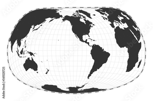 Vector world map. Jacques Bertin's 1953 projection. Plain world geographical map with latitude and longitude lines. Centered to 120deg E longitude. Vector illustration.