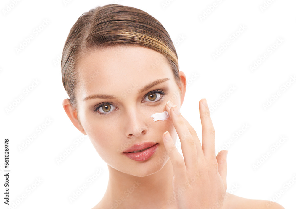 Beauty model, portrait and skincare face cream by white background in dermatology wellness, self love and grooming. Zoom, woman and facial sunscreen product in healthcare hydration and collagen glow Beauty model, portrait and skincare face cream by white background in dermatology wellness, self love and grooming. Zoom, woman and facial sunscreen product in healthcare hydration and collagen glow