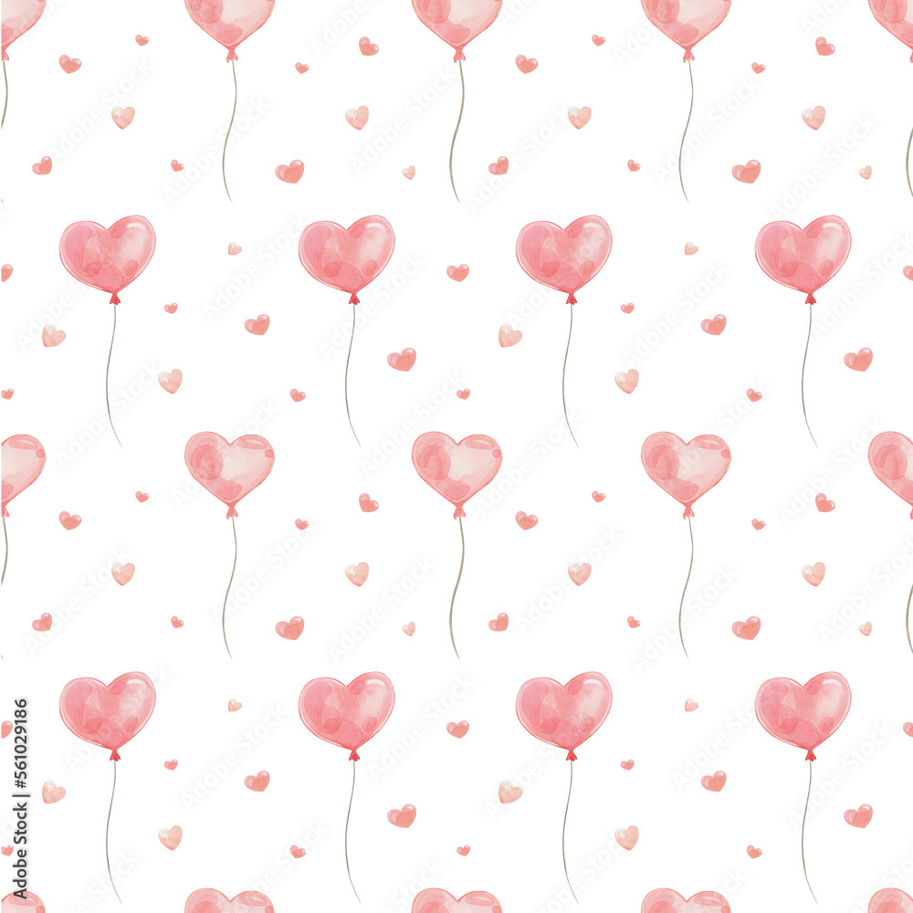 Heart-shaped balloons and hearts on a white background. Watercolor seamless pattern. Perfect for wrapping paper, background, wallpaper, textile design for Valentine's day.