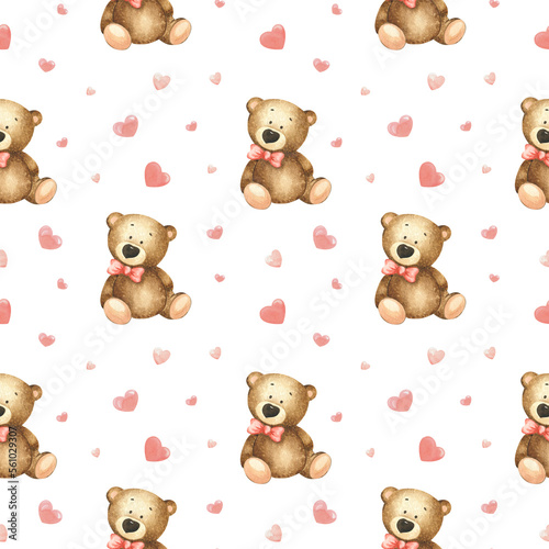 Teddy bears and hearts on the white background. Watercolor seamless pattern St. Valentine s day. Perfect for wrapping paper  background  wallpaper  textile design.