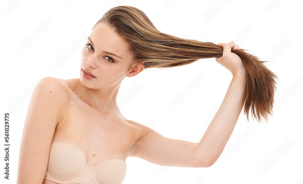 Obraz premium Natural beauty, portrait and woman with hair care, shine and grooming routine isolated on white studio background. Female, girl pulling hair and luxury treatment for healthy scalp, salon and wellness