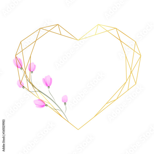 Geometric heart border with flower in watercolor style. Luxury polygonal frame for decoration valentine's day, wedding invitations, greeting cards. Png on transparent background, vector illustration
