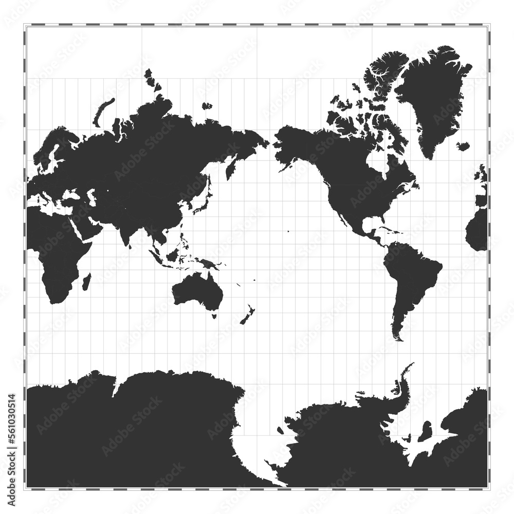 Vector world map. Spherical Mercator projection. Plain world geographical map with latitude and longitude lines. Centered to 180deg longitude. Vector illustration.