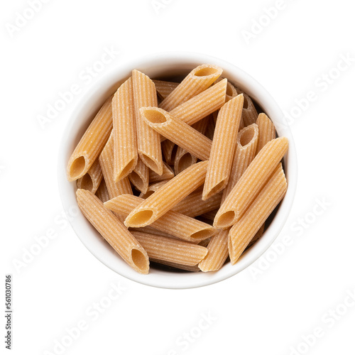 Assorted whole wheat pasta on bowls over wooden table