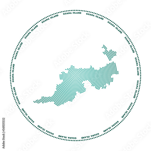 Guana Island round logo. Digital style shape of Guana Island in dotted circle with island name. Tech icon of the island with gradiented dots. Attractive vector illustration.