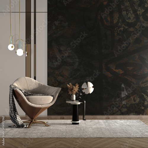 Modern interior living room with black background calligraphy art wallpaper with armchair and table - 3D rendering
