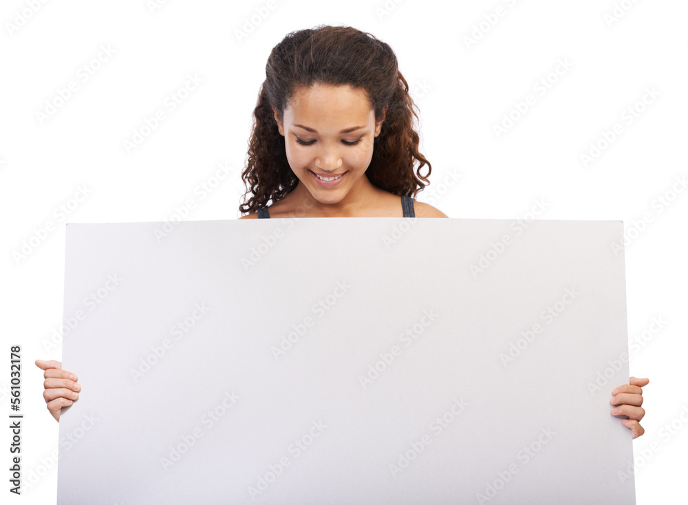 Black woman, smile and blank branding poster or billboard in studio for sales marketing, advertising and company news mockup. African girl, happy model and design signage space in white background Black woman, smile and blank branding poster or billboard in studio for sales marketing, advertising and company news mockup. African girl, happy model and design signage space in white background