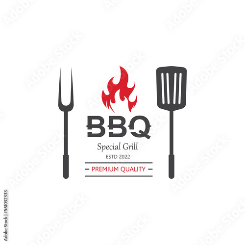 Barbecue BBQ Smoke and Grill Vintage Design Template With Crossed Spatula and Flame.