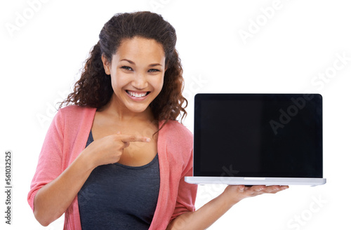 Woman in portrait with laptop mockup, technology and internet, wireless connection against white background. Female hand pointing, pc marketing and digital with website and tech product placement
