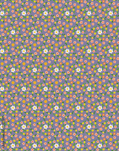 Cute summer floral fabric pattern with white daisies and small colorful flowers on a gray lilac background